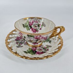 Royal Sealy Japan Teacup & Saucer Pink Floral Gold Trim Pierced